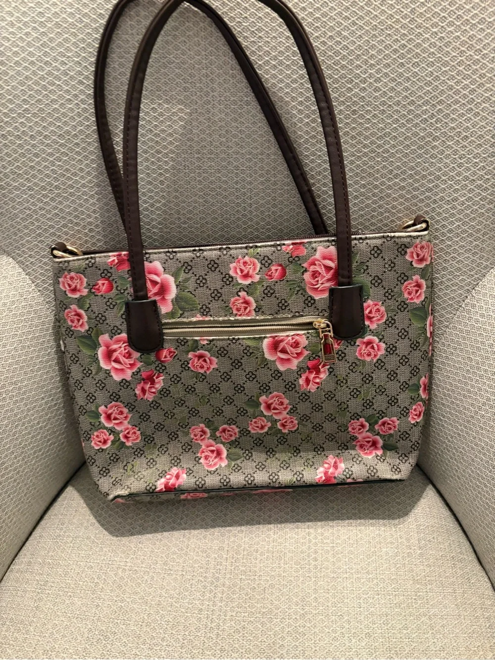 2 Floral Print Tote Bags in Pink and Brown leather - Picture 9 of 13